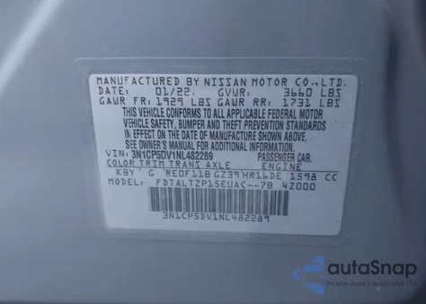 2022 Nissan Kicks Sr Xtronic Cvt из США, поврежденный, VIN 3N1CP5DV1NL482289